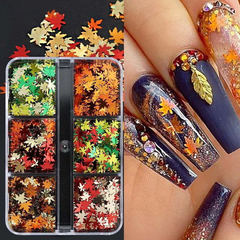 Vanila 6 Grids Orange Maple Leaves Nail Glitter