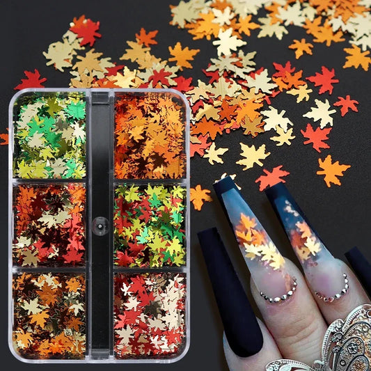 Vanila 6 Grids Orange Maple Leaves Nail Glitter